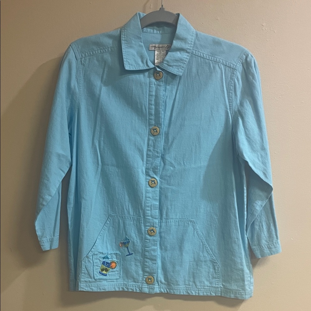 Vintage Mureli Linen Blend Button Down Shirt with Embroidery and Wooden Buttons